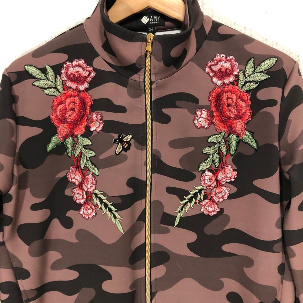 Amy Sport‎ Camouflage Track Jacket Embroidered Roses Bee Zip Up Athletic Size SP